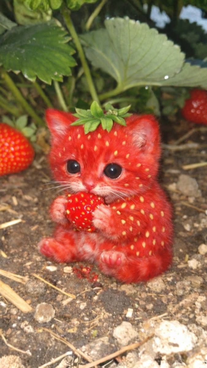 Catberry, the original strawberry kitten holding a berry