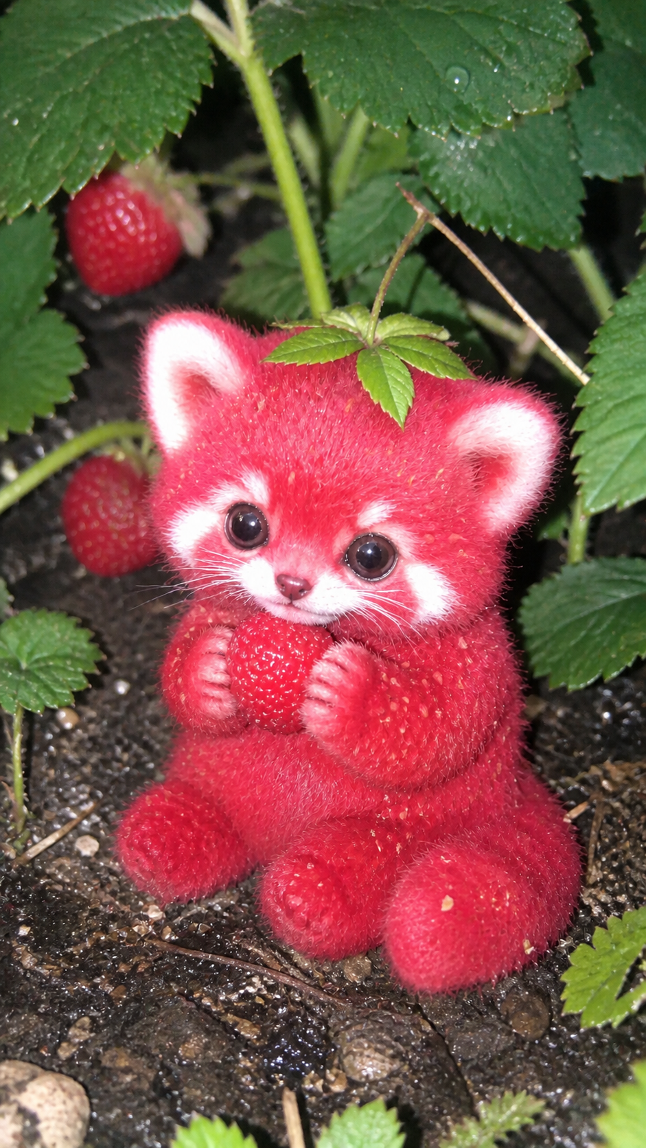 Catberry holding a strawberry beneath the leaves