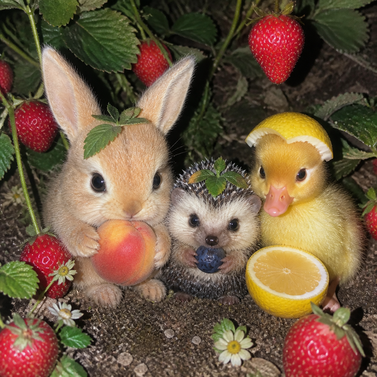 Peach bunny, blueberry hedgehog and lemon duckling