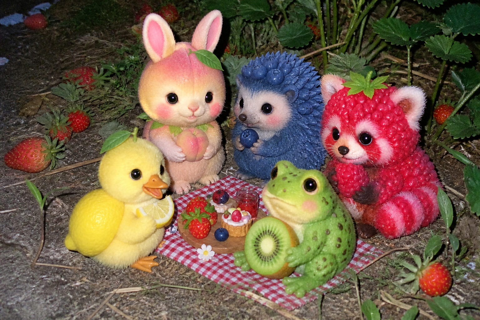 Fruit animal friends sharing a picnic