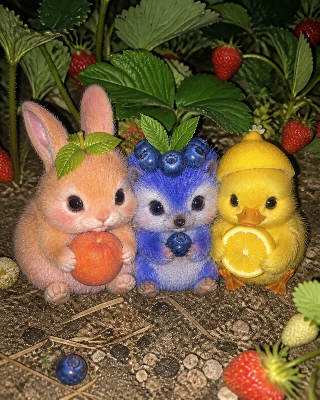 Peach bunny, blueberry hedgehog and lemon duckling in Catberry's garden
